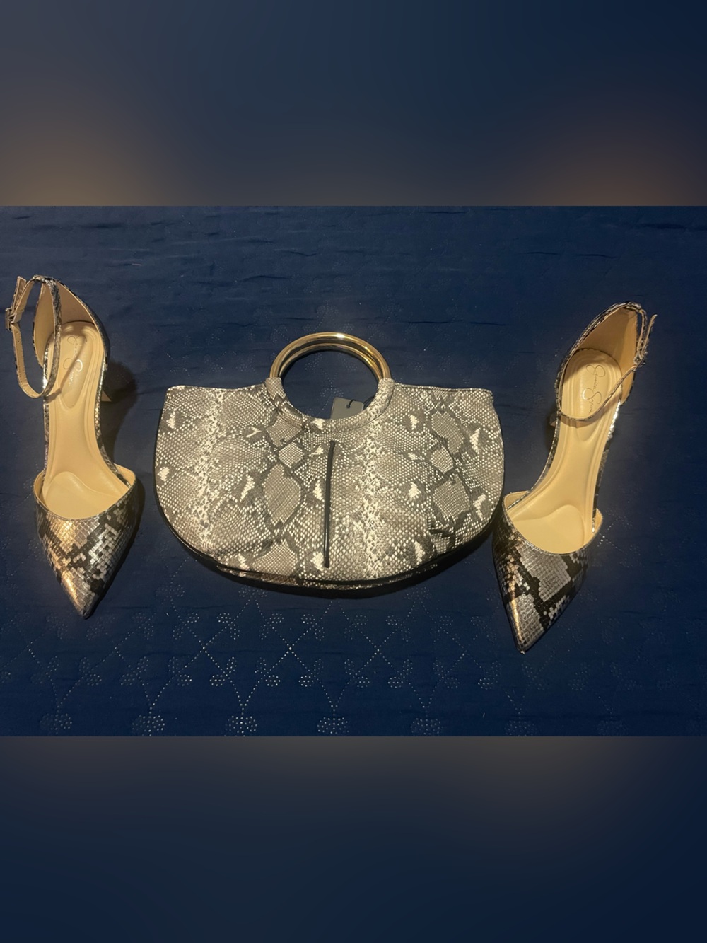 Jessica Simpson Snakeskin Pointed-Toe Ankle-Strap Heels with Matching Handbag